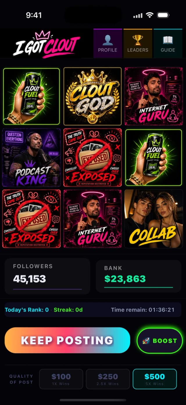 The I Got Clout slot grid — spin to gain followers and dodge cancellation
